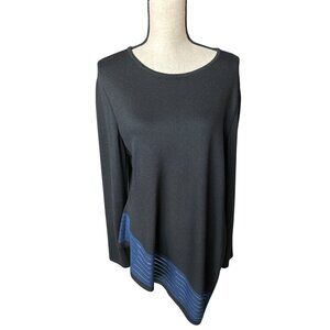St. John Black Sweater Asymmetrical Wool Blue Striped Detail Nordstrom Size XL